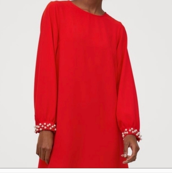 Bright Red H&M Shift Dress With Pearl Embellished Long Sleeves 12 EUC - Picture 2 of 11